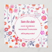 ピンクモダンの花の庭の日付を保存 招待状 (正面/裏面)