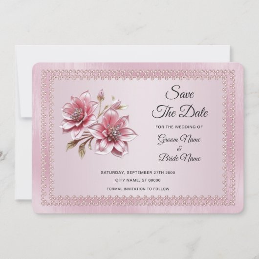 ピンクモダンの花は日付カードを保存 セーブザデート (正面)