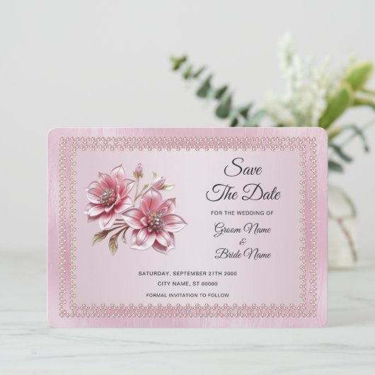 ピンクモダンの花は日付カードを保存 セーブザデート (スタンド正面)