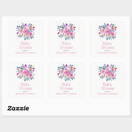 ピンクモダンの花フローラ赤ちゃんシャワーシール スクエアシール (シート)