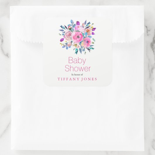 ピンクモダンの花フローラ赤ちゃんシャワーシール スクエアシール (バッグ)