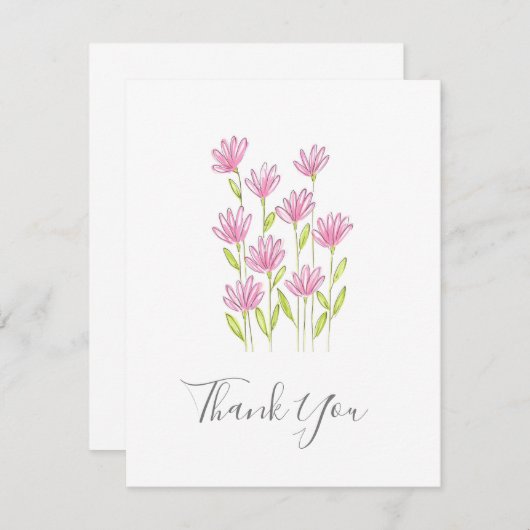 ピンクモダンの花ペンと水彩 サンキューカード (正面/裏面)
