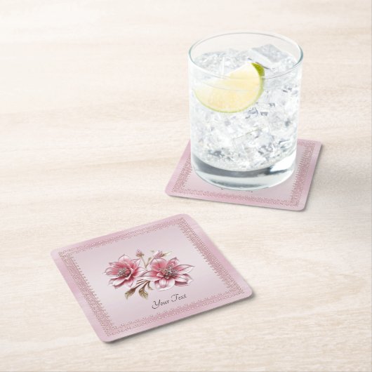 ピンクモダンの花紙コースター スクエアペーパーコースター (インサイチュ)
