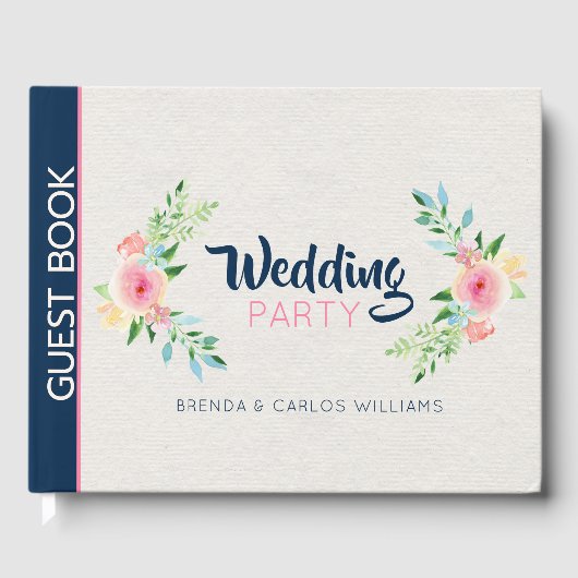 ピンクモダンの花縁どは紙の質感 ゲストブック (正面)