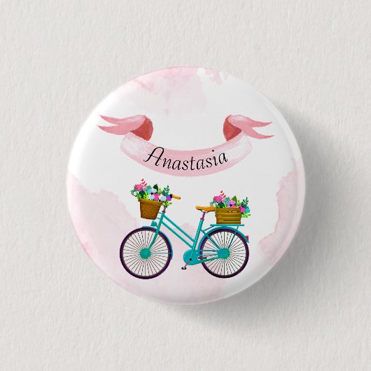 ピンクモダンの花自転車 缶バッジ (正面)