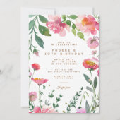 ピンクモダンの花金ゴールドガーデンバースデーパーティー 招待状 (正面)