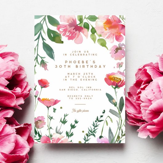 ピンクモダンの花金ゴールドガーデンバースデーパーティー 招待状