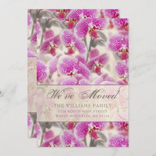 ピンクモダンの蘭フローラ移動 案内状 (正面/裏面)