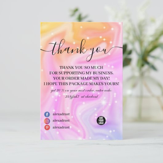 ピンクモダンの虹のユニコーンサンキューカード サンキューカード (スタンド正面)