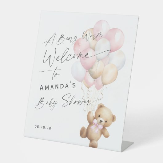 ピンクモダンの赤ちゃんガールシャワー心待ち歓迎 台座サイン (正面)