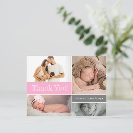 ピンクモダンの赤ちゃん女の子の写真コラージュ赤ちゃんシャワー ポストカード (スタンド正面)