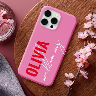 ピンクモダンの赤の名前モノグラム iPhone 15 PRO MAXケース