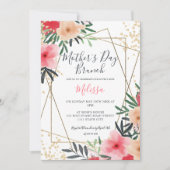 ピンクモダンの赤フローラ金ゴールドの母親の日のブランチ 招待状 (正面)