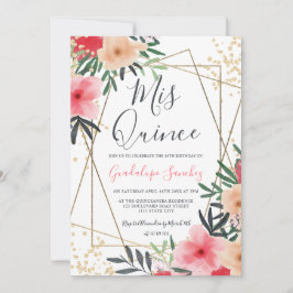 ピンクモダンの赤フローラ金ゴールドキンセアニェラ 招待状