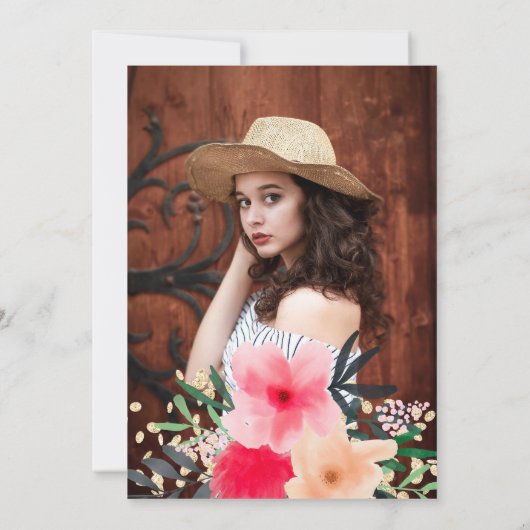 ピンクモダンの赤フローラ金ゴールドキンセアニェラ 招待状 (裏面)