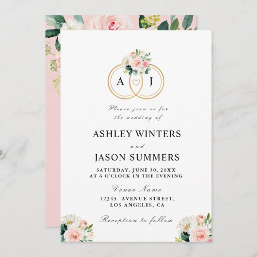 ピンクモダンの赤面水色の花結婚の色 招待状 (正面/裏面)