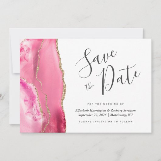 ピンクモダンの金ゴールドをアゲート日付カードを保存 招待状 (正面)