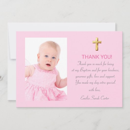 ピンクモダンの金ゴールドクロス女子バプテスマ サンキューカード (正面)