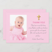 ピンクモダンの金ゴールドクロス女子バプテスマ サンキューカード (正面/裏面)