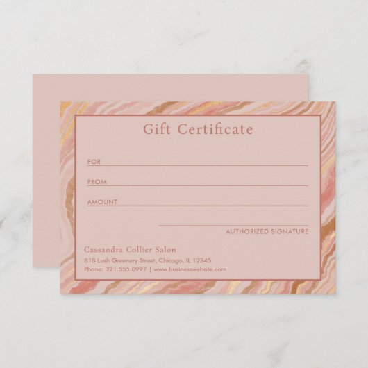 ピンクモダンの金ゴールド抽象芸術エレガントギフト証明書 (正面/裏面)