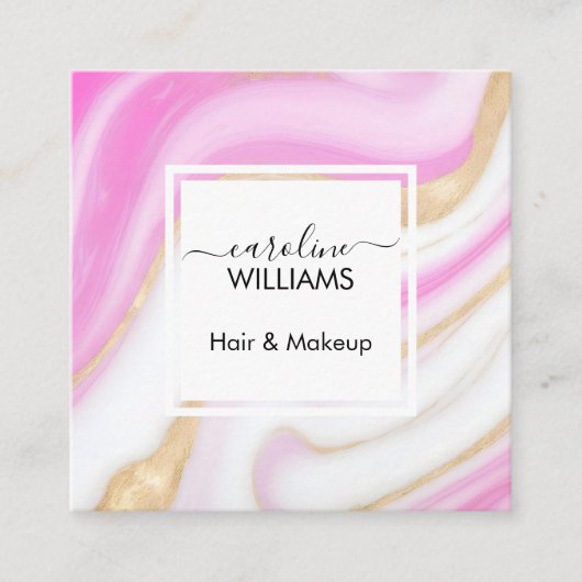 ピンクモダンの金ゴールド白い大理石の髪のメイク スクエア名刺 (正面)