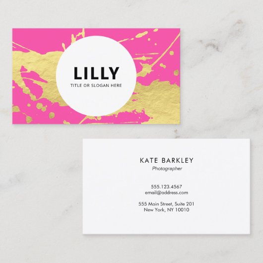 ピンクモダンの金ゴールド絵を描（ばちゃばちゃ）跳ねるスプラッシュ 名刺 (正面/裏面)