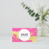 ピンクモダンの金ゴールド絵を描(ばちゃばちゃ)跳ねるスプラッシュ 名刺 (スタンド正面)