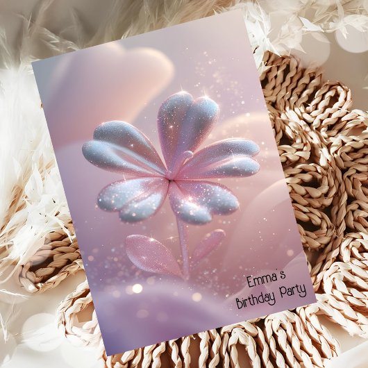 ピンクモダンの金ゴールド花誕生日の招待状 招待状