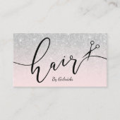 ピンクモダンの銀グリッターはさみヘアスタイリスト 名刺 (正面)
