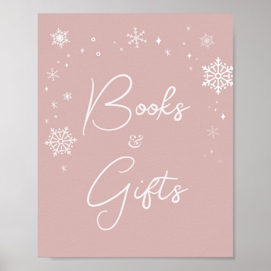 ピンクモダンの雪の結晶ベビーシャワーの本とギフト ポスター (正面)