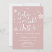 ピンクモダンの雪片ベビーシャワー 招待状 (正面)