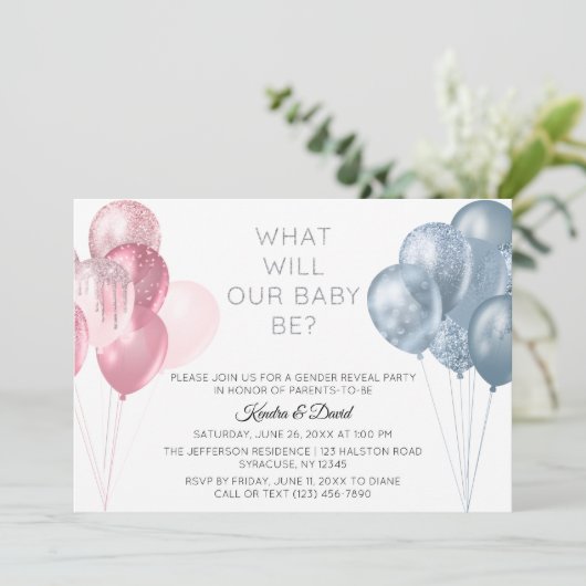 ピンクモダンの青い風船の性別表示パーティー 招待状 (スタンド正面)