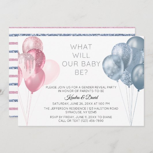 ピンクモダンの青い風船の性別表示パーティー 招待状 (正面/裏面)
