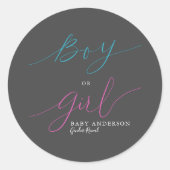 ピンクモダンの青の少年または少女のスクリプトの性別の表示 ラウンドシール (正面)