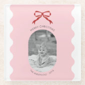 ピンクモダンの鱗片状の赤い弓クリスマスフォト ガラスコースター (正面)