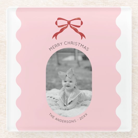 ピンクモダンの鱗片状の赤い弓クリスマスフォト ガラスコースター (正面)
