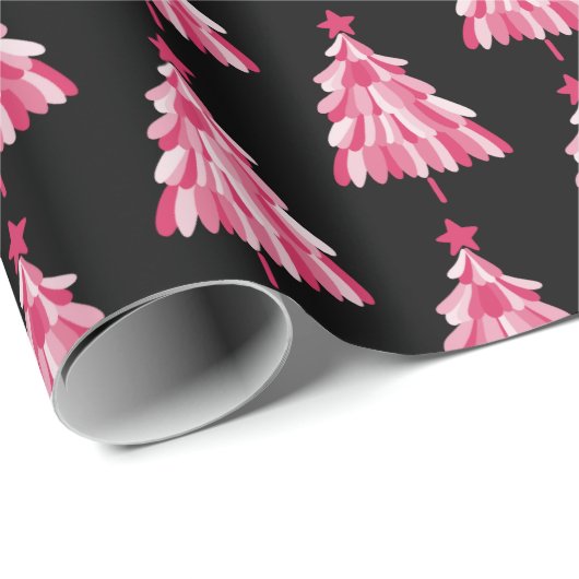 ピンクモダンの黒いクリスマスツリーパターン ラッピングペーパー (ロールコーナー)