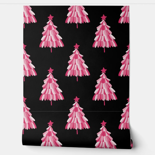 ピンクモダンの黒いクリスマスツリーパターン 壁紙 (ほどく)