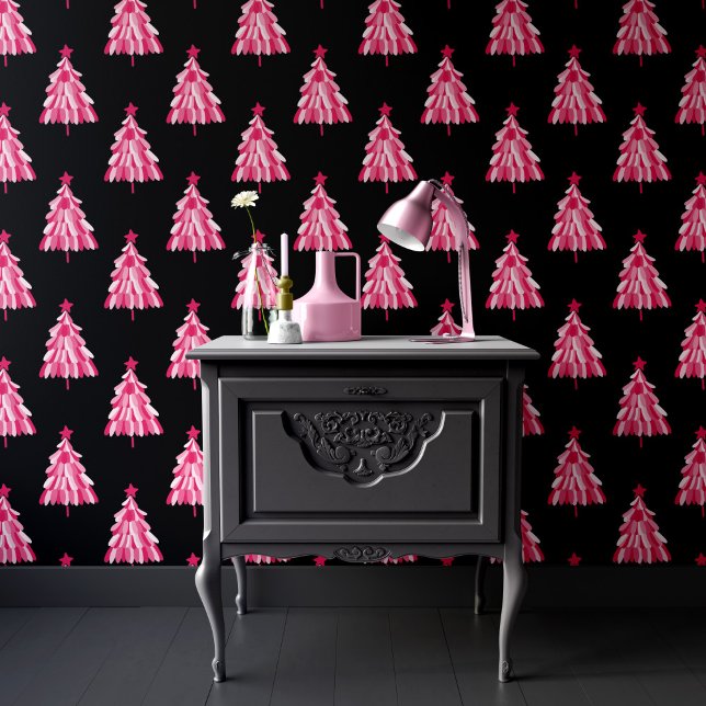 ピンクモダンの黒いクリスマスツリーパターン 壁紙 (Modern pink and black christmas tree wallpaper, perfect for holiday decor.)