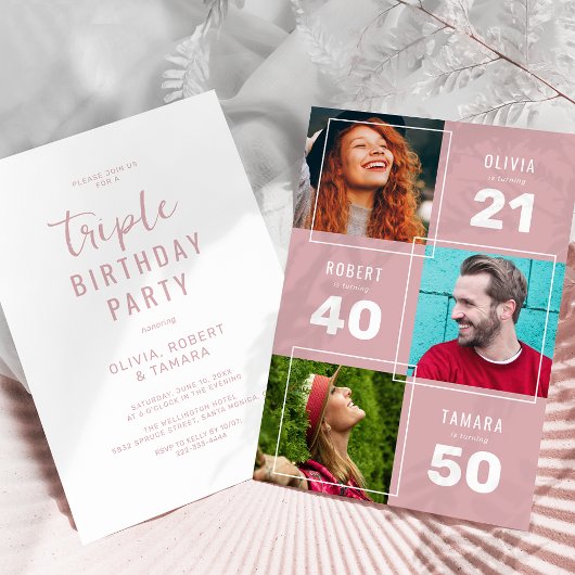 ピンクモダンの3写真の共同誕生日パーティー 招待状