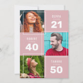 ピンクモダンの3写真の共同誕生日パーティー 招待状 (正面)