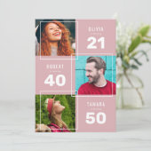 ピンクモダンの3写真の共同誕生日パーティー 招待状 (スタンド正面)