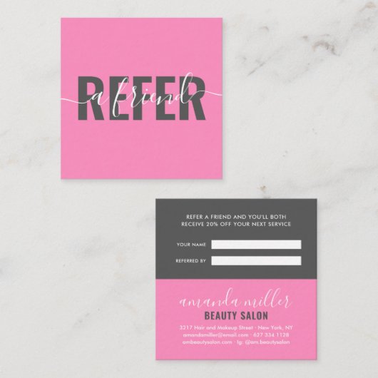 ピンクモダンはっきりしたは友だちの脚本の署名を参照する 紹介カード (正面/裏面)