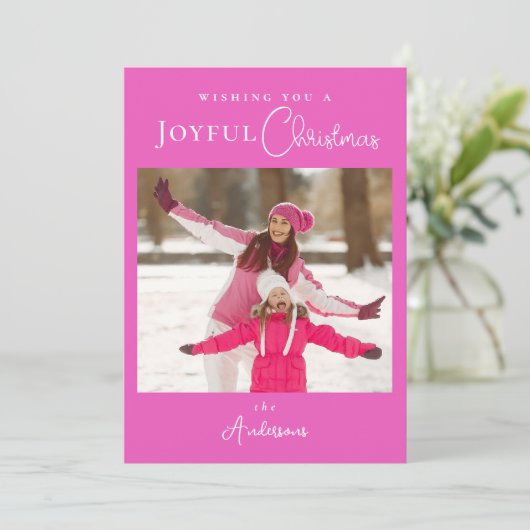 ピンクモダンはっきりしたメリークリスマスフォト シーズンカード (スタンド正面)