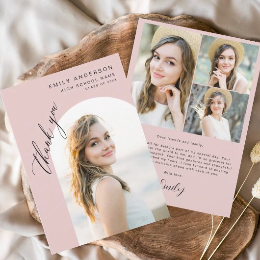 ピンクモダンアーチ大学院シンプル写真有り サンキューカード