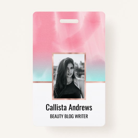 ピンクモダンアートアクア水色グラデーション バッジ (正面)