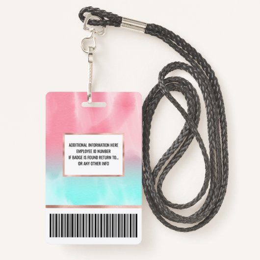 ピンクモダンアートアクア水色グラデーション バッジ (裏面ランヤード)