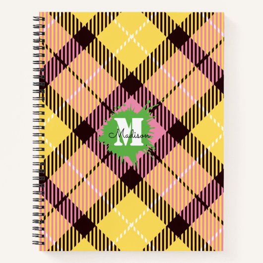 ピンクモダンイエロータータンチェックモノグラカスタムムスクリプト ノートブック (正面)