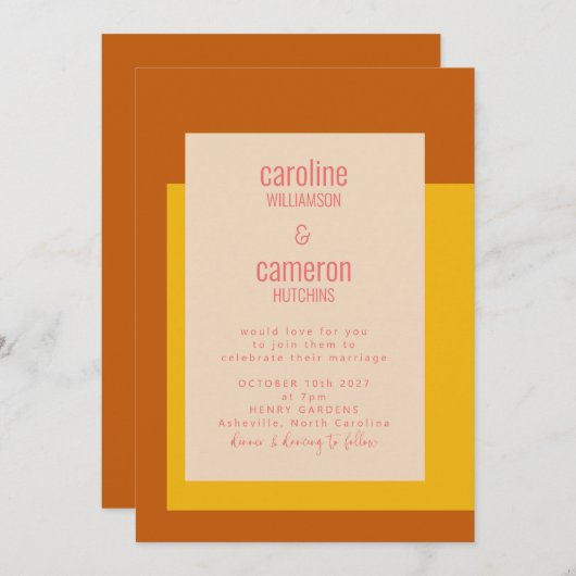 ピンクモダンイエローテラコッタジオメト結婚リ 招待状 (正面/裏面)