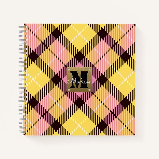 ピンクモダンイエロープレイドタータンチェックレザーモノグラム ノートブック (正面)
